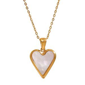 Mother Of Pearl Heart Pendant Necklace PVD 18K Gold Plated Stainless Ste…